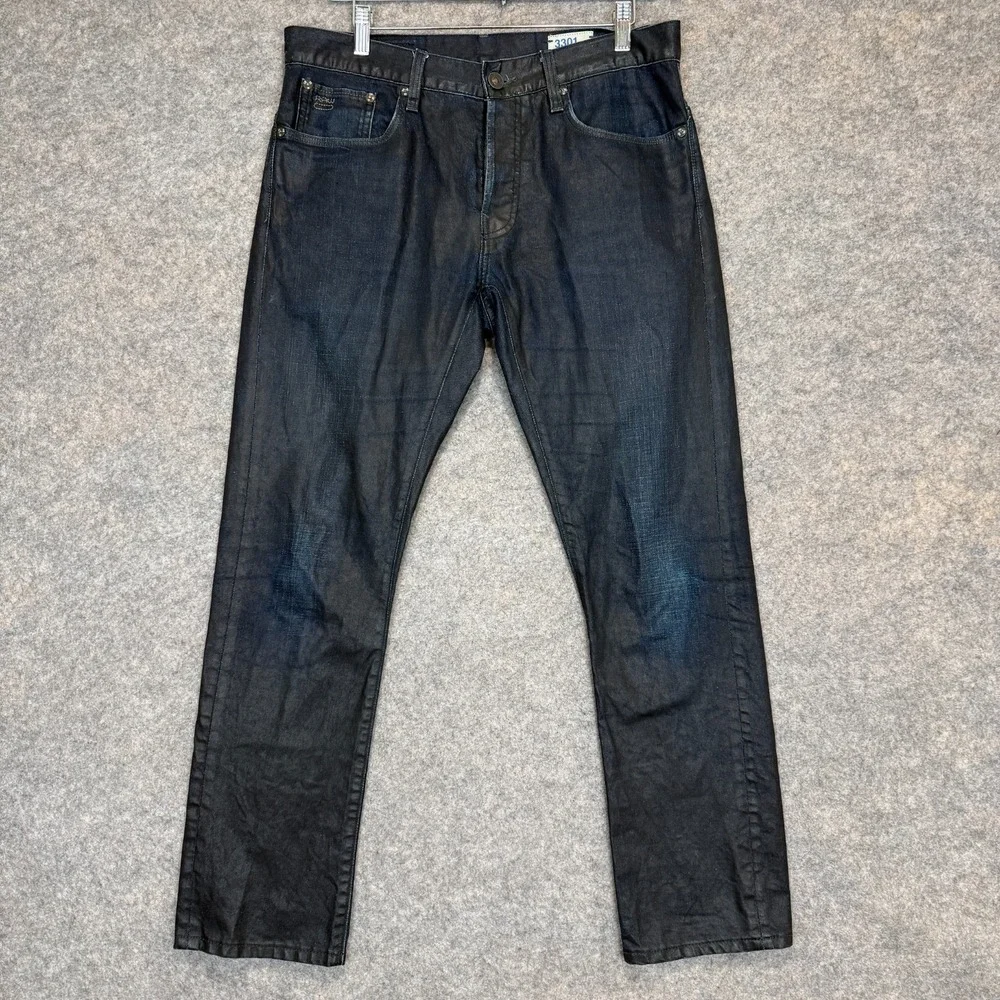 G-Star Raw 3301 Wax Coated Denim Jeans Mens 34x32 (fits 33x30) Blue Dark Wash